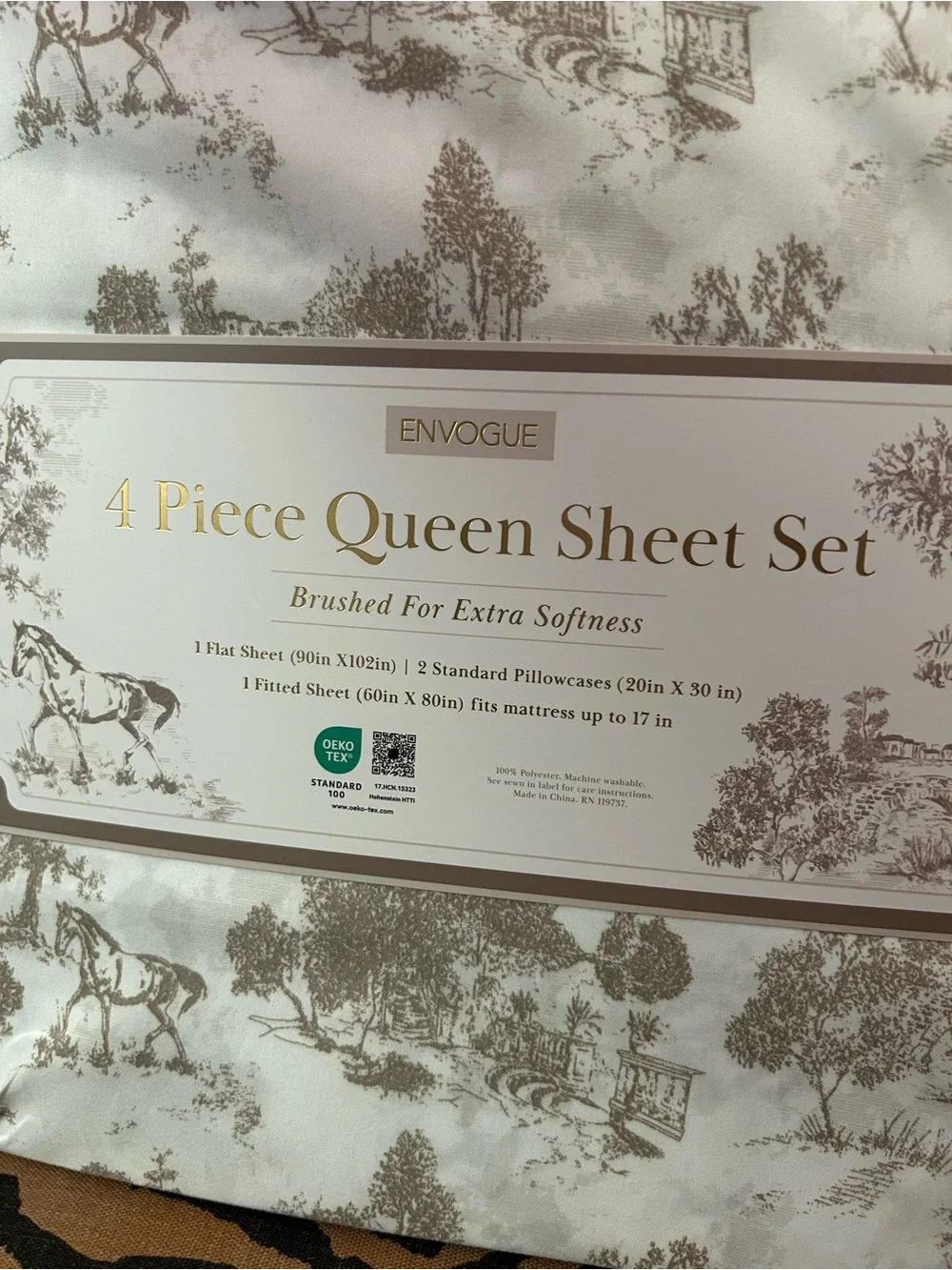 NEW Envogue Queen 4Piece Vintage Scenic Western Equestrian Toile Print Sheet Set